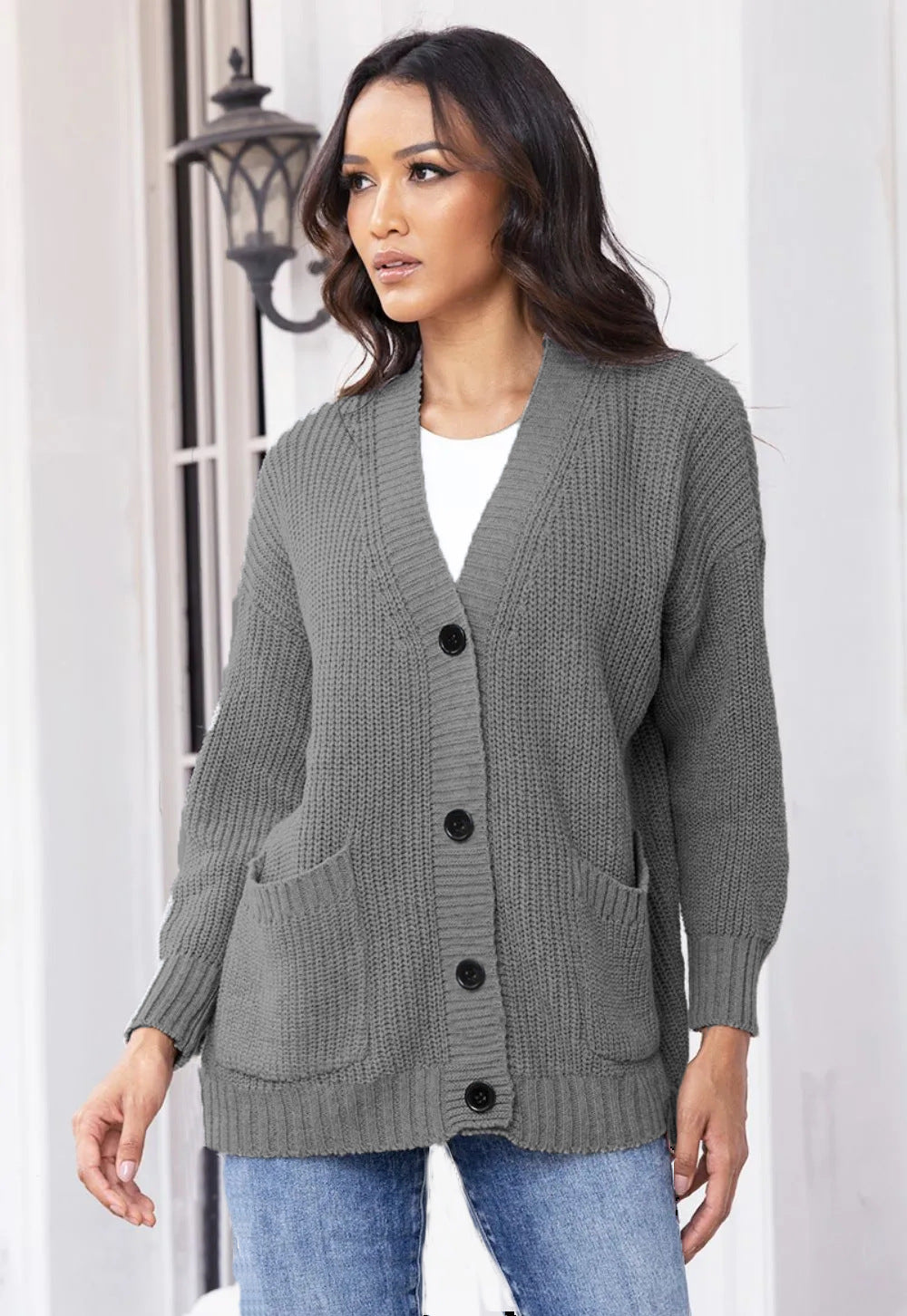 Damen Strickjacke mit großen Taschen und klassischem Knopfverschluss Drune