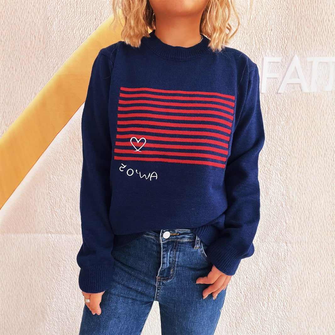 Damen lässiger Pullover mit gestreiftem Design und Herzapplikation Drune