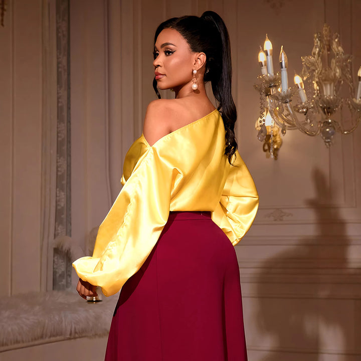 Damen elegantes asymmetrisches Oberteil mit voluminösen Puffärmeln Drune