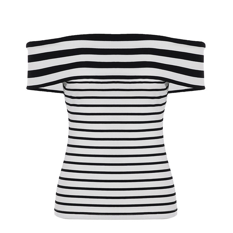 Damen Off-Shoulder Oberteil mit gestreiftem Design und breitem Kragen Drune