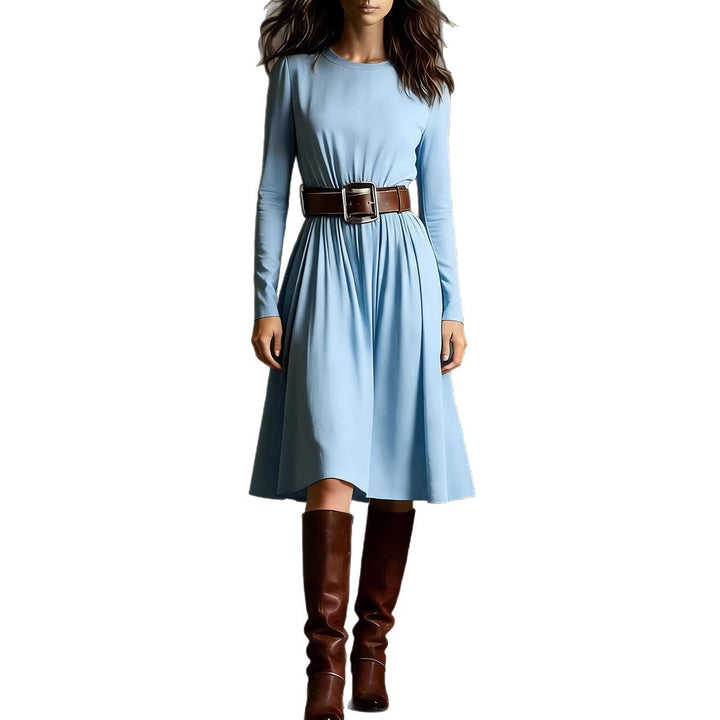 Damen Elegantes Kleid mit langem Arm und Taillengürtel Drune