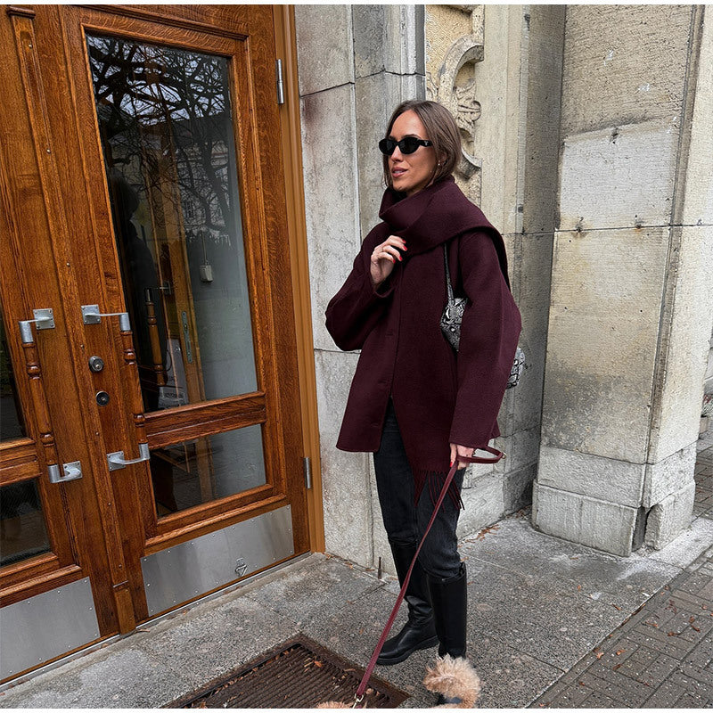 Damen lässige Oversized Jacke mit integriertem Schal Drune