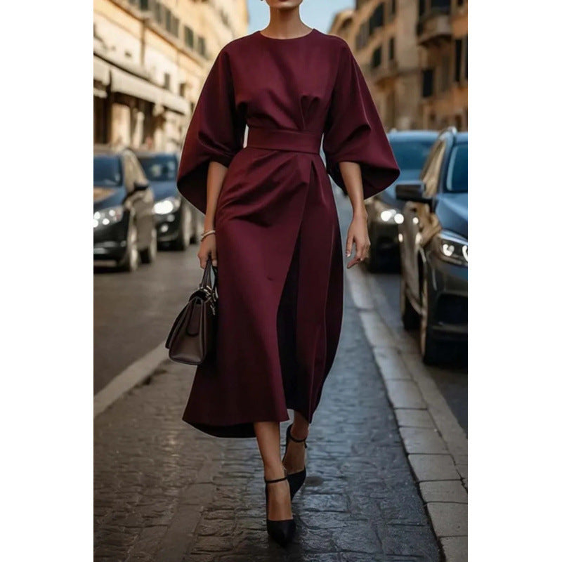 Damen Elegantes Maxikleid mit weiten Ärmeln und tailliertem Gürtel Drune