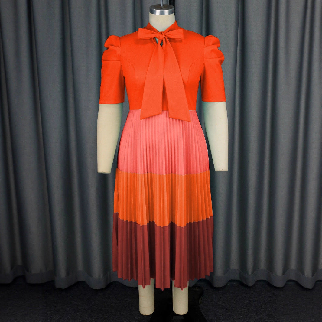 Damen Elegantes Plisseekleid mit Schleifenkragen Drune