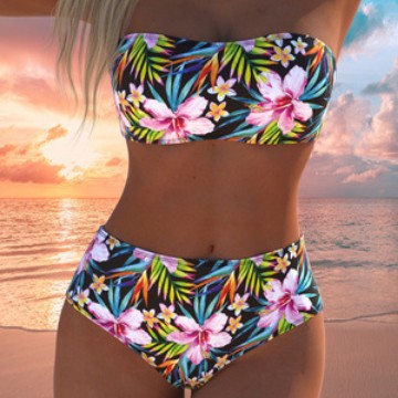 Damen Bandeau-Bikini-Set mit hochgeschnittenem Höschen und tropischem Blütenmuster Drune