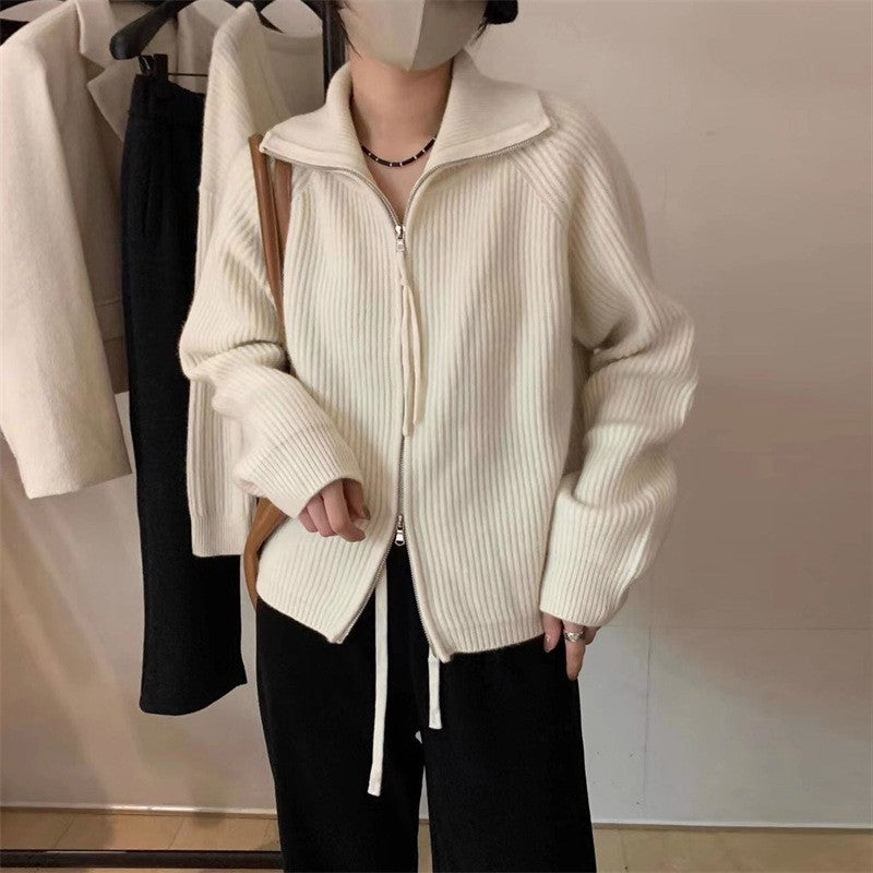 Damen Strickjacke mit hoher Kragenverzierung und Reißverschluss Drune