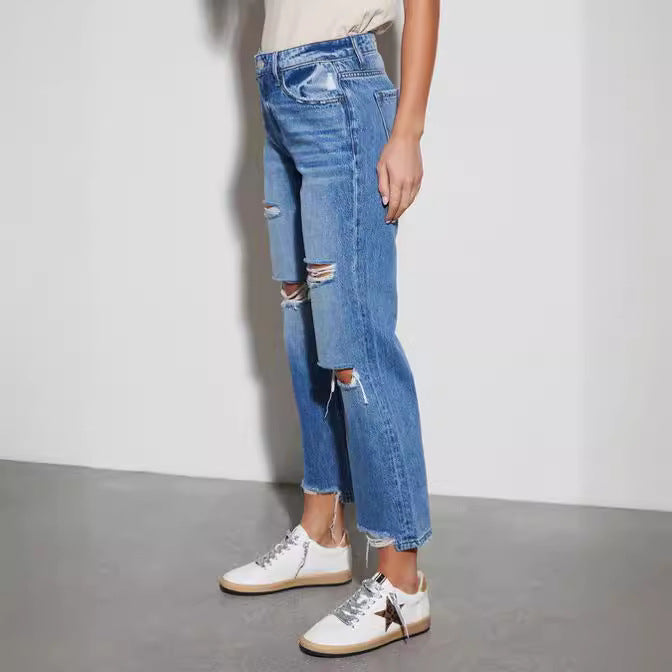 Damen Destroyed Jeans im modischen Bootcut-Stil Drune