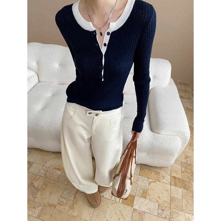 Damen lässiger Henley-Pullover mit Rippstruktur Drune