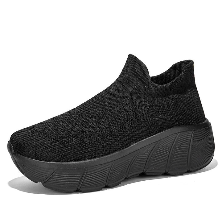 Unisex nan nahtloser Strick-Überziehschuh mit skulpturierter Plateau-Laufsohle und orthopädisch geformter Fersenführung Drune