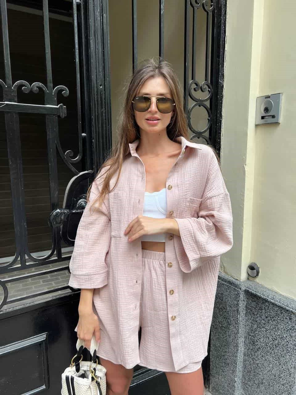Damen nan lässiges Musselin-Zweiteiler Set mit Oversize-Hemd und elastischer Highwaist-Shorts Drune