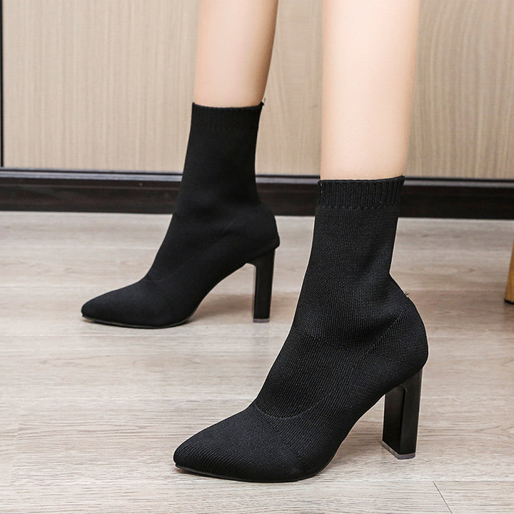 Damen nan gestrickte Sock-Ankleboot mit spitzer Zehenpartie und skulpturellem Blockabsatz Drune