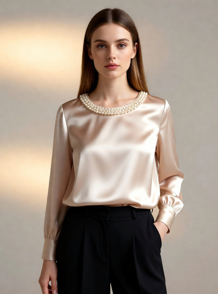 Damen elegante satinierte Bluse mit Perlenkragen Drune
