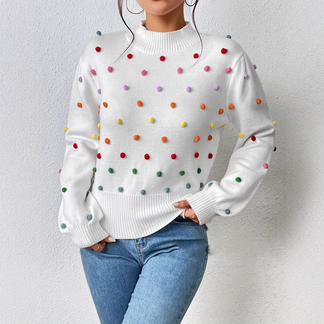 Damen modischer Pullover mit bunten Quasten und Stehkragen Drune