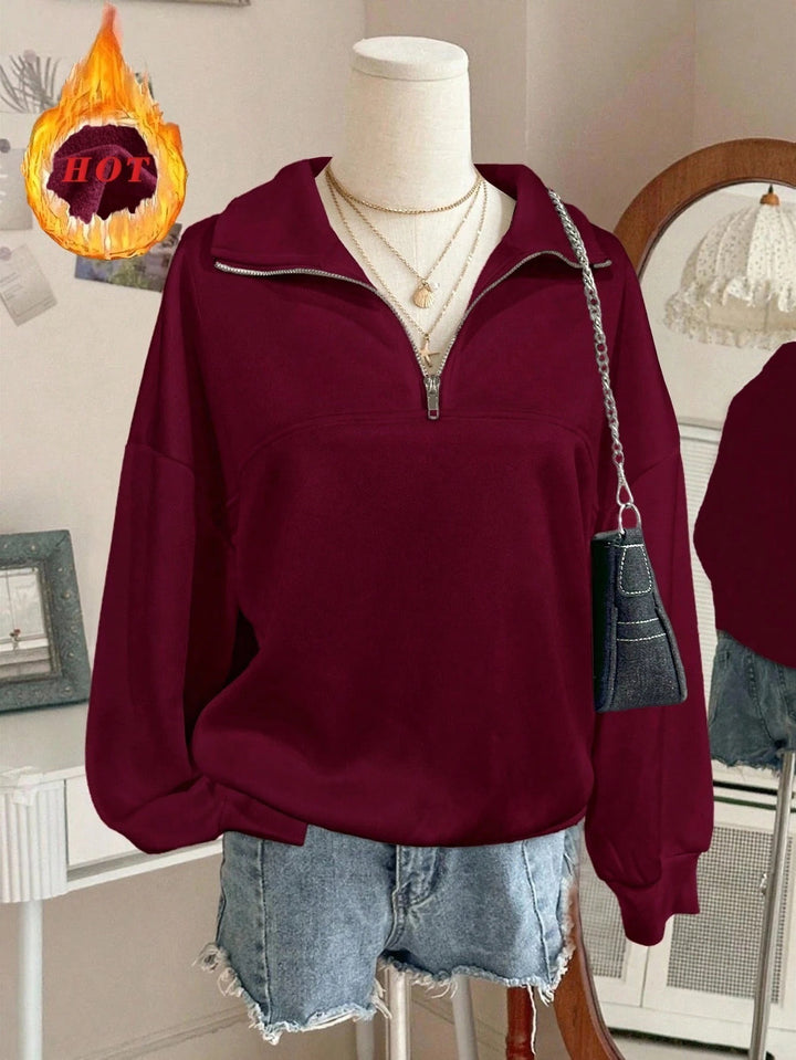 Damen nan Oversize Sweatshirt mit halbem Reißverschluss, Stehkragen und Ballonärmeln Drune