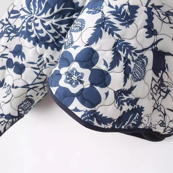 Damen gestepptes Blumenjacke mit innovativen Tasche und Rundhals Drune