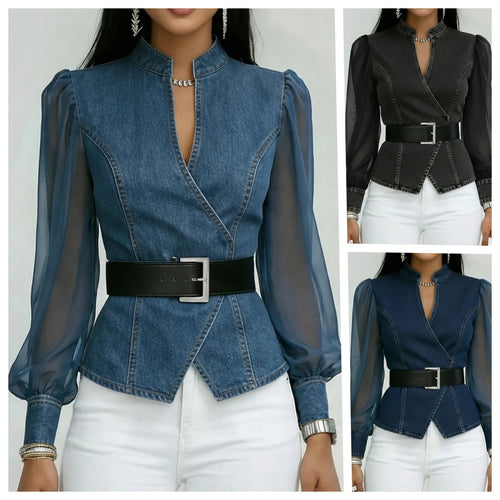 Damen Jeansbluse mit transparenten Ärmeln und tailliertem Design Drune