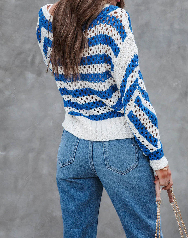 Damen luftiger Strickpullover mit großflächigem Lochmuster und Streifendesign Drune