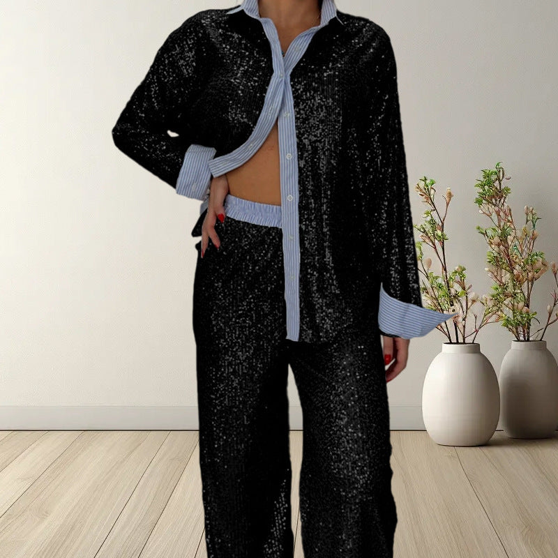 Damen Glitzerndes Pyjama-Set aus hochwertigem Material mit Schalkragen und eleganten Akzenten Drune