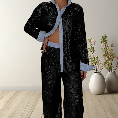 Damen Glitzerndes Pyjama-Set aus hochwertigem Material mit Schalkragen und eleganten Akzenten Drune