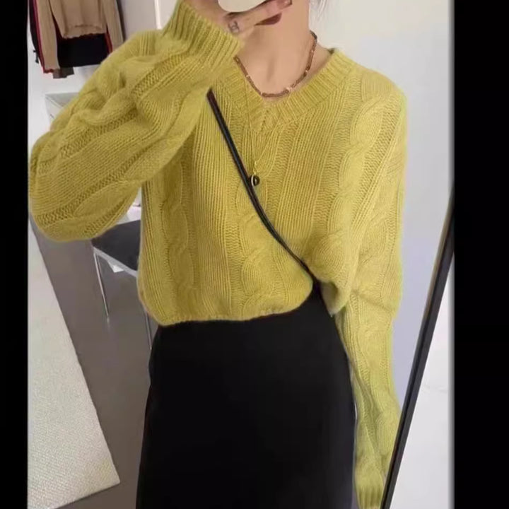 Damen Strickpullover mit Zopf-Muster und V-Ausschnitt Drune