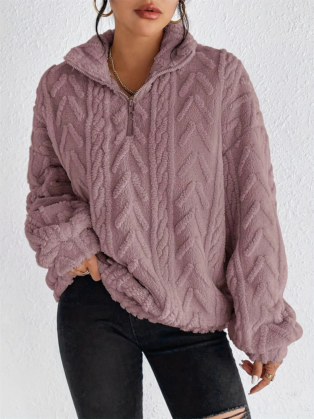 Damen gemütlicher Fleece-Pullover mit halbem Reißverschluss und strukturiertem Muster Drune