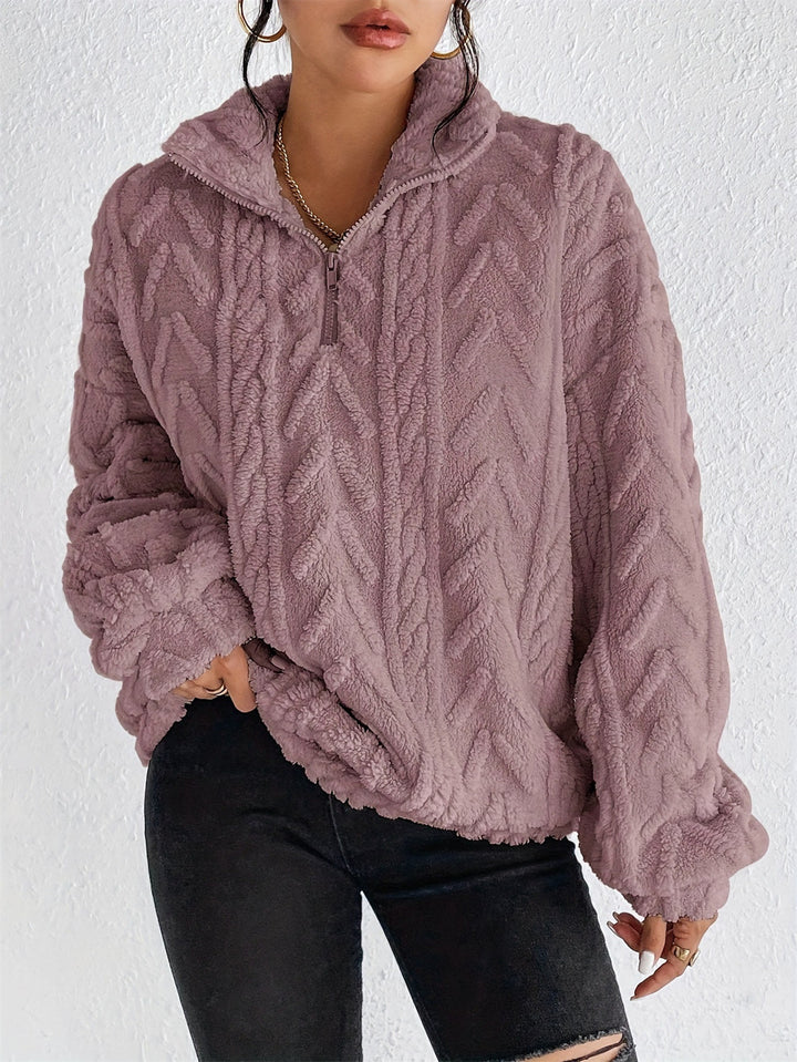 Damen gemütlicher Fleece-Pullover mit halbem Reißverschluss und strukturiertem Muster Drune