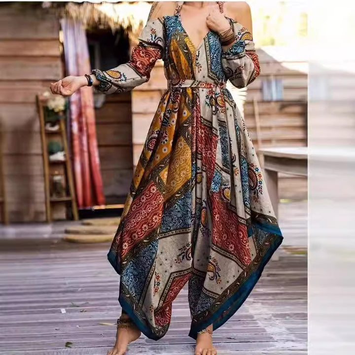 Damen Langes Wickelkleid mit verspieltem Muster und off-shoulder Design Drune