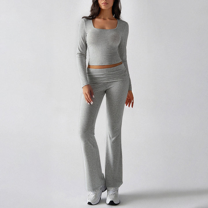 Damen nan figurbetontes Cropped-Set mit langärmeligem Top mit quadratischem Ausschnitt und ausgestellter High‑Waist Yoga-Hose Drune