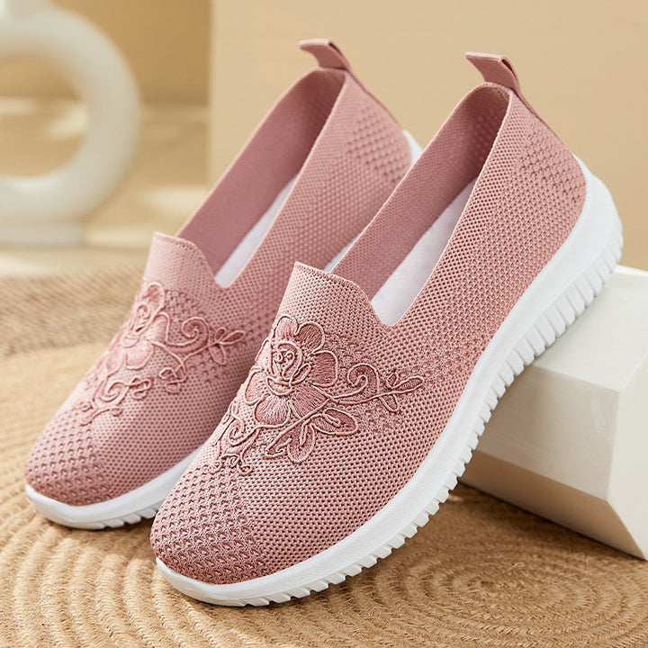 Damen nan eleganter Strick-Slipper mit floraler Stickapplikation, elastischem Einstieg und federleichter EVA-Laufsohle Drune