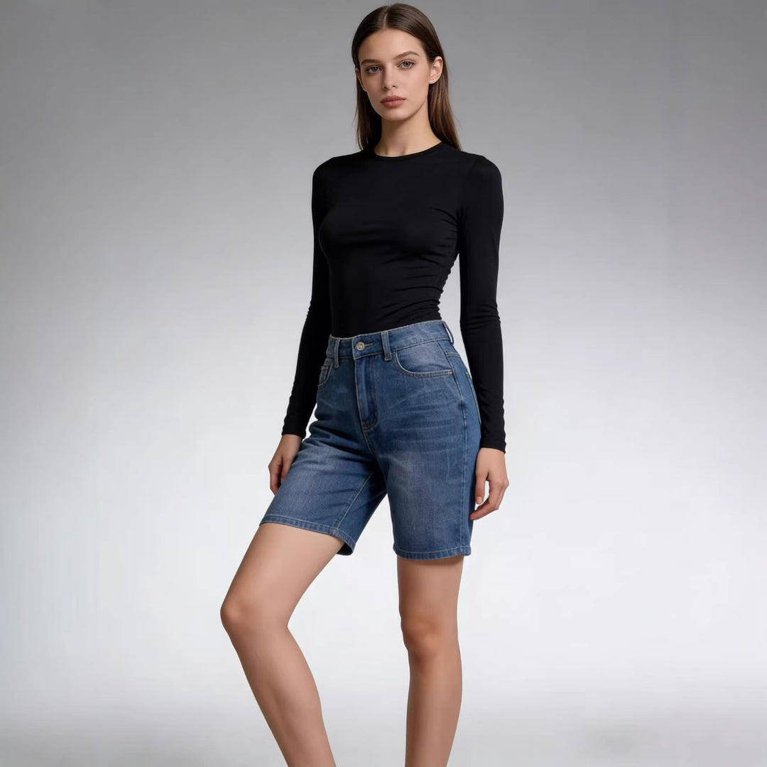 Damen figurbetontes Cropped Oberteil mit Stehkragen und kurzen Ärmeln Drune