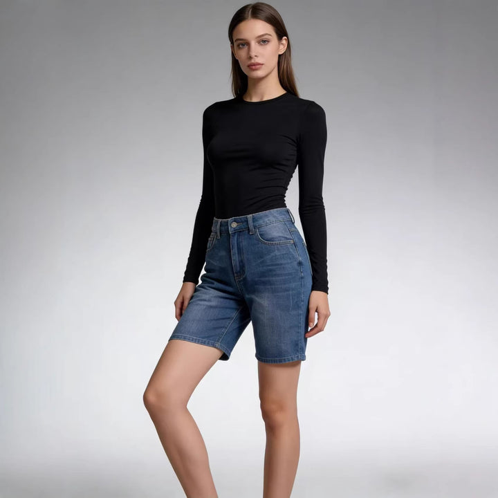 Damen figurbetontes Cropped Oberteil mit Stehkragen und kurzen Ärmeln Drune