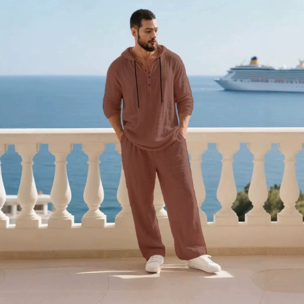 Herren nan lässiges Leinenzweiteiler-Set mit Kapuzenhemd im Henley-Stil und weiten Freizeit-Hosen Drune