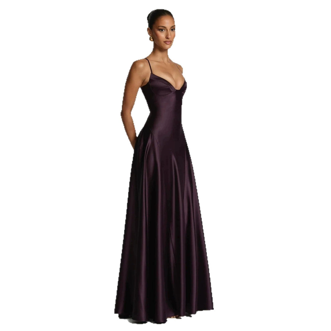 Damen elegantes Satin-Maxikleid mit raffinierten Spaghettiträgern Drune