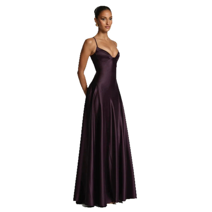 Damen elegantes Satin-Maxikleid mit raffinierten Spaghettiträgern Drune