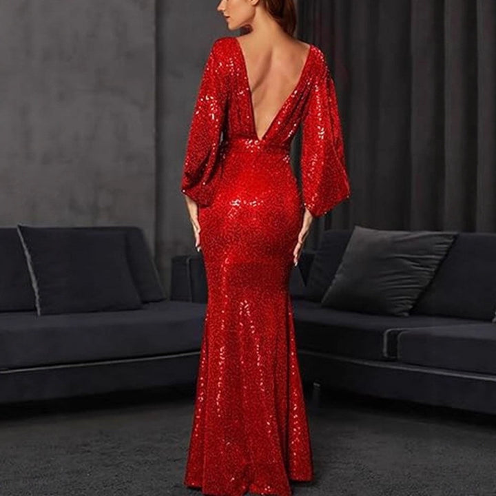 Damen Elegantes Pailletten-Mermaid-Kleid mit tiefem V-Ausschnitt und voluminösen Ärmeln Drune