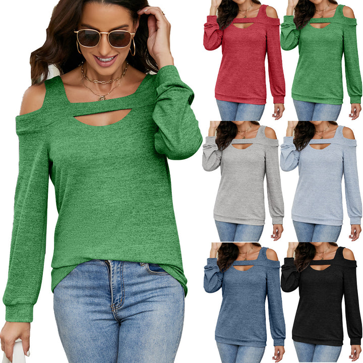 Damen lässiges Cold-Shoulder Sweatshirt mit tiefem Ausschnitt und Ballonärmeln Drune