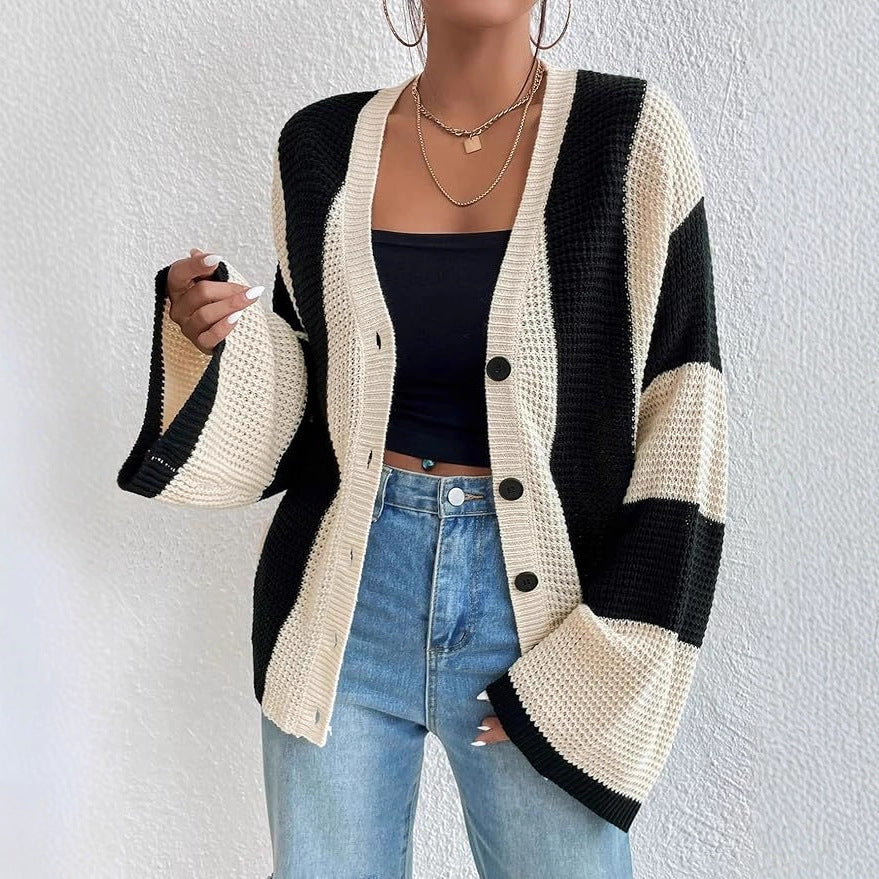 Damen stylische Strickjacke mit breiten Blockstreifen Drune