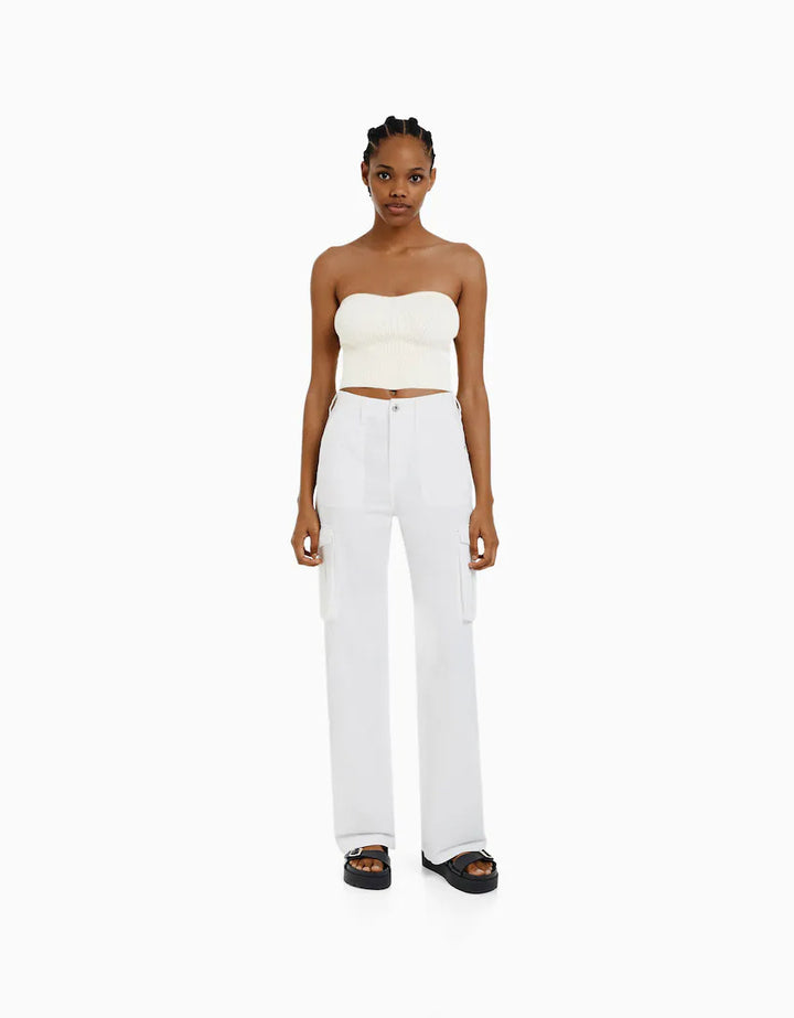 Damen nan weite High-Waist Cargo-Hose mit aufgesetzten Pattentaschen und geradem Bein Drune