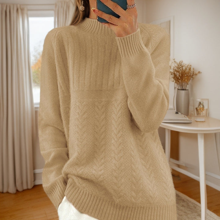 Damen Strickpullover mit kreativem Zopfmuster und hohem Kragen Drune
