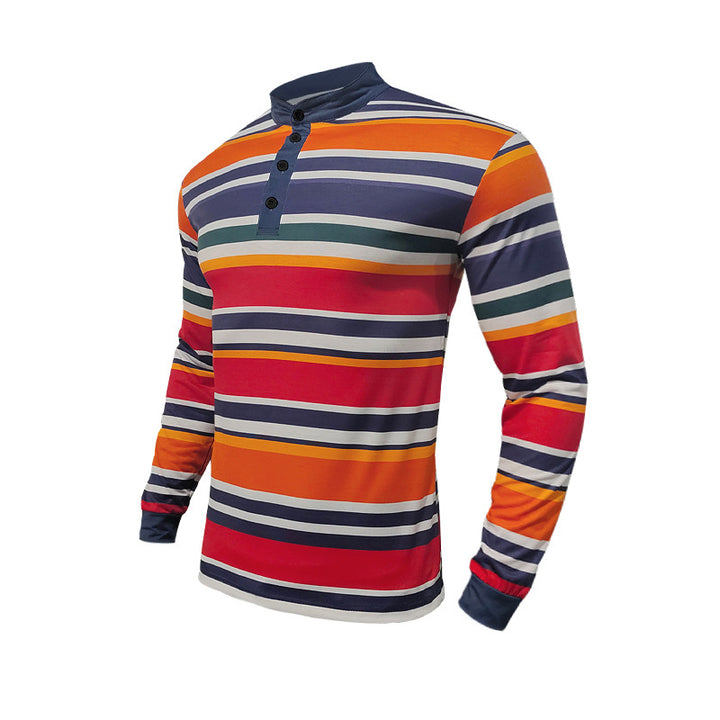 Herren nan gestreiftes Henley-Langarmshirt mit Stehkragen und feiner Baumwollmischung Drune