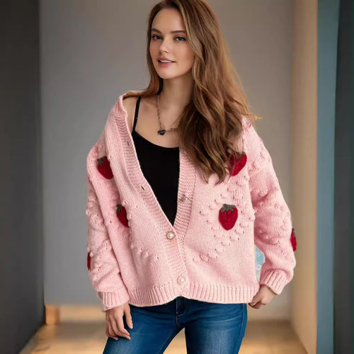 Damen Strickjacke mit verspieltem Erdbeermotiv und Knopfdetails Drune