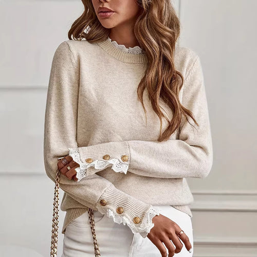 Damen feiner Pullover mit dekorativen Spitzenärmeln und eleganten Knopfdetails Drune