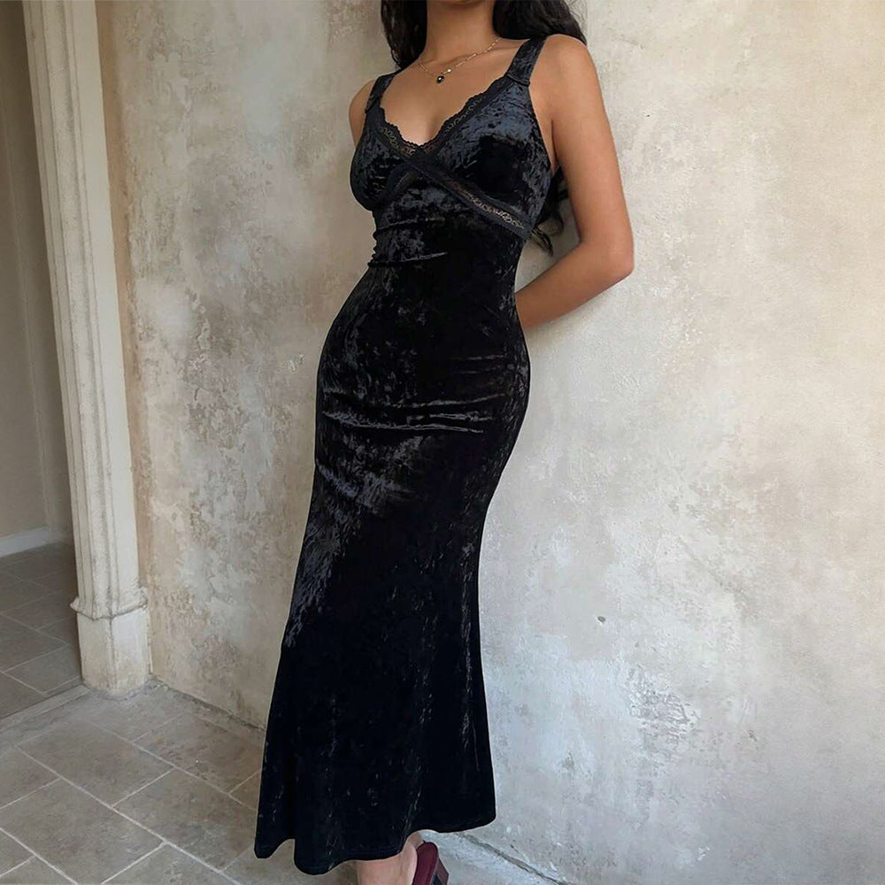 Damen Samt Maxi-Kleid mit tiefem V-Ausschnitt und eleganten Spaghettiträgern Drune