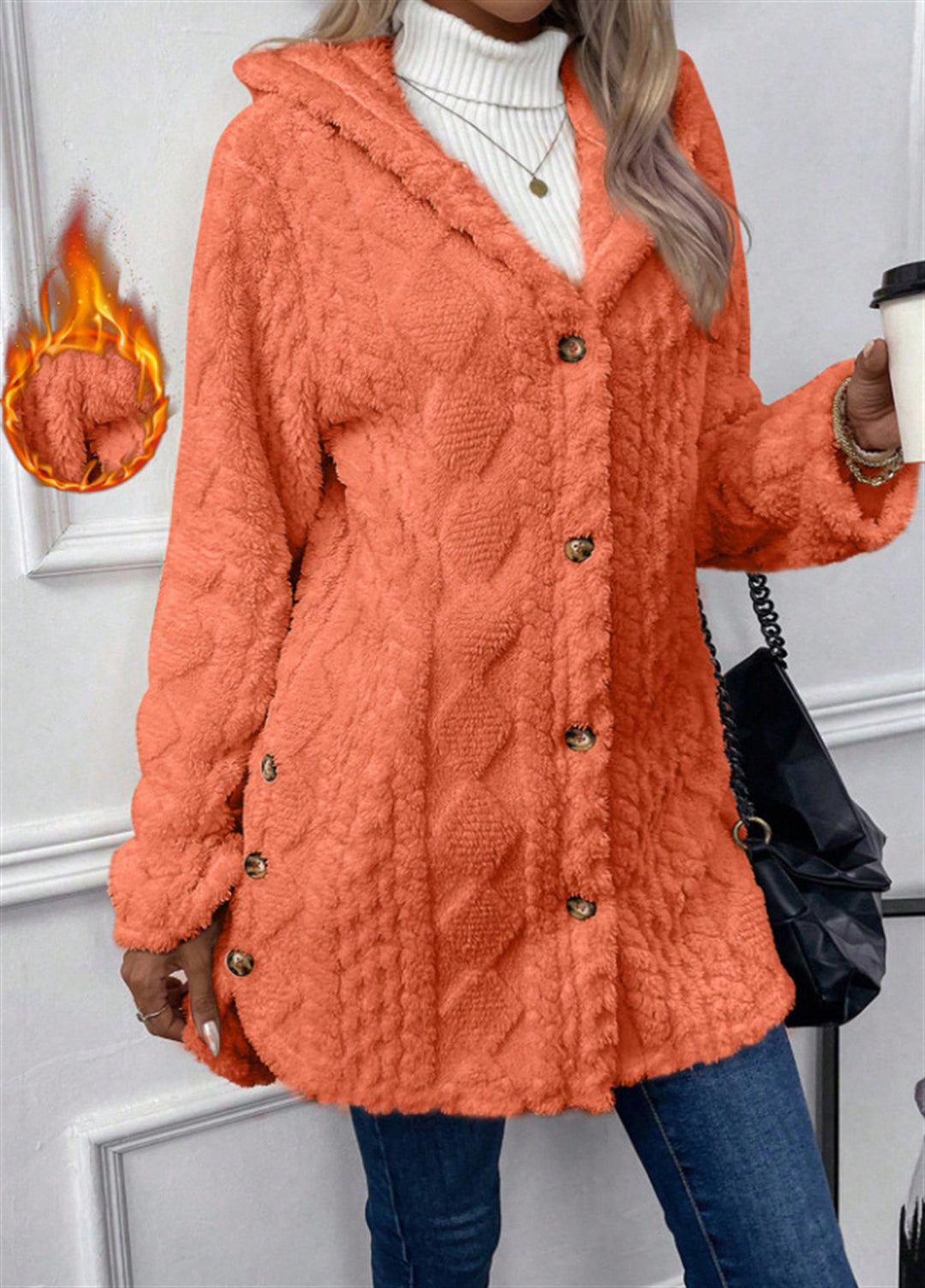 Damen kuschelige Knopfjacke mit hohem Kragen Drune