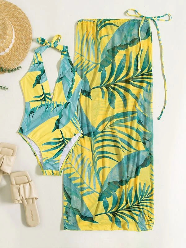 Damen Eleganter Einteiler mit blumigen Mustern und passendem Sarong Drune
