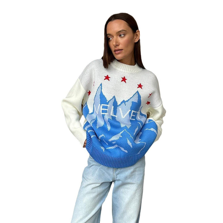 Damen Großer Strickpullover mit grafischem Bergdesign und stylischen Sternen Drune