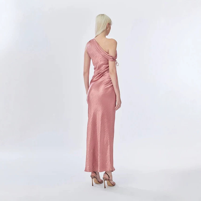 Damen elegantes langes asymmetrisches Kleid mit raffiniertem Rüschendetail Drune