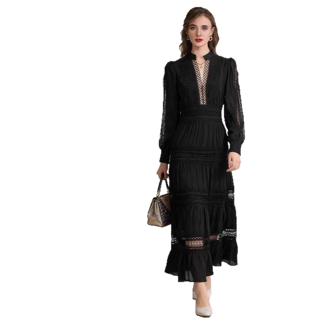 Damen romantisches Maxikleid mit transparenten Einsätzen und Rüschendetails Drune