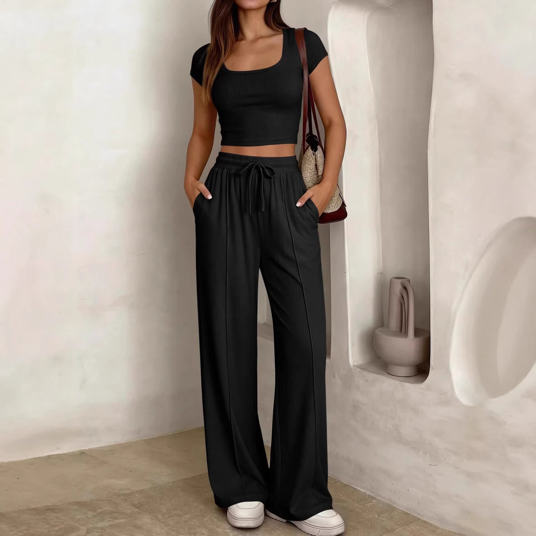 Damen lässiges Cropped-Top und weite Hose Set Drune