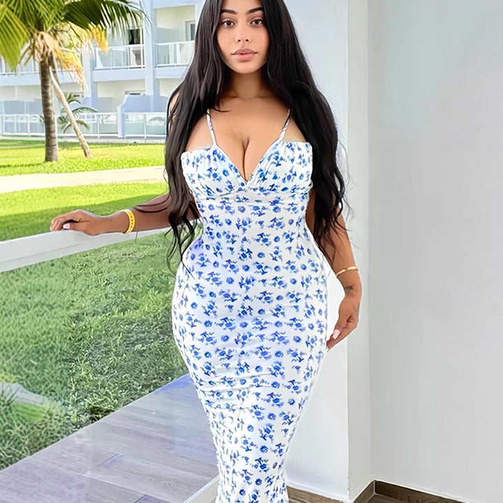 Damen Blumenmuster Maxikleid mit Figurbetontem Schnitt und Spaghetti-Trägern Drune